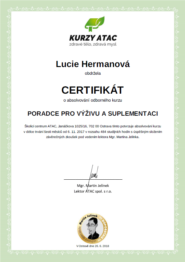 certifikat ATAC Lucie Hermanova